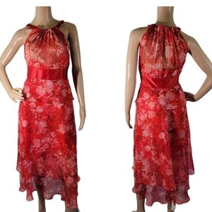 KAREN MILLEN Red Floral Silk Tiered Maxi Dress Sz 6 Halter Neck Sleeveless